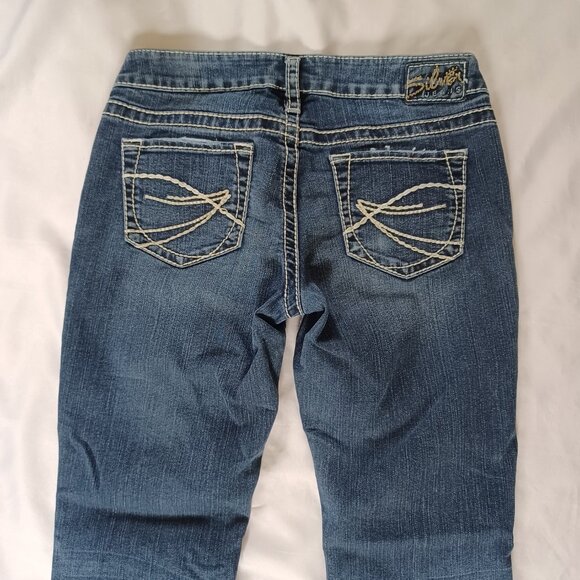 Silver Jeans Aiko Bootcut Lowrise Dark Wash Distressed Thick Stitch Size 29x33 - Picture 5 of 13
